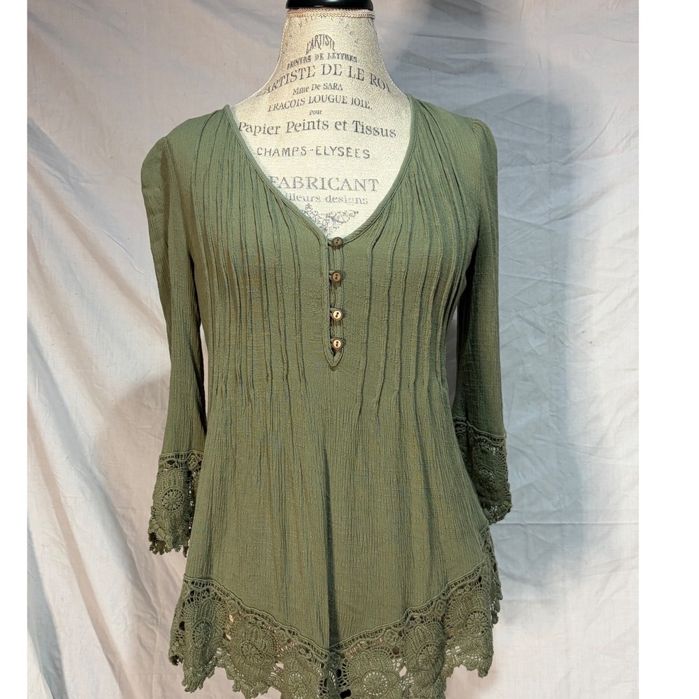 Venus Olive Green Crochet Lace Trim Henley Tunic Top Pintuck Pleated Small
